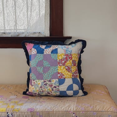 Patchwork Quilt Pillow Sham, Navy Blue Ruffle