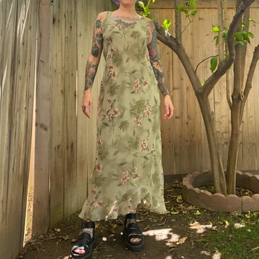 Vintage 1990’s Sage Green Floral Chiffon Dress 