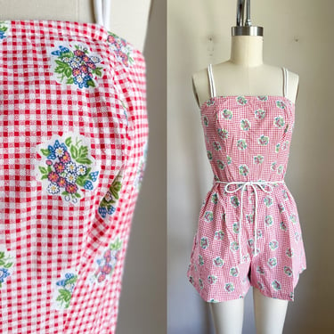 Vintage 1980s Red Gingham Strawberry Swimsuit / Romper // S 