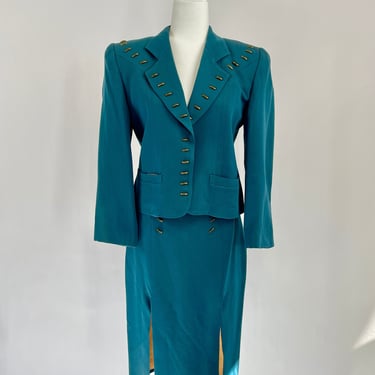 1990s Criscione Teal Suit with Bronze Hardware Details 