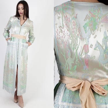 70s Brocade Tapestry Imperial Royalty Dress Asian Folk Scenery Evening Maxi 