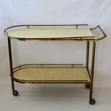 1960s Italian Style Large Brass Bar Cart Faux Pearl Shell Glass Shelves 