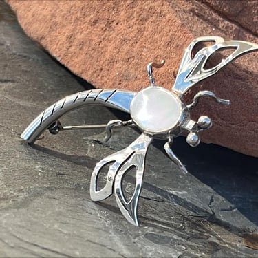 Vintage Mexico Sterling Silver and Opulent Mother of Pearl Dragonfly Brooch / Pin 