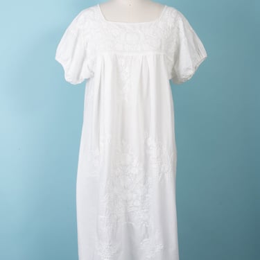 70s Hand Made Mexican White Cotton Dress with White Embroidery 