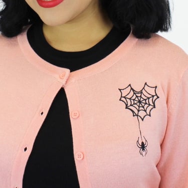 Embroidered Pink Knit Sweater Cardigan - Spiderweb Heart and Spider Rockabilly Button Up Sweater 