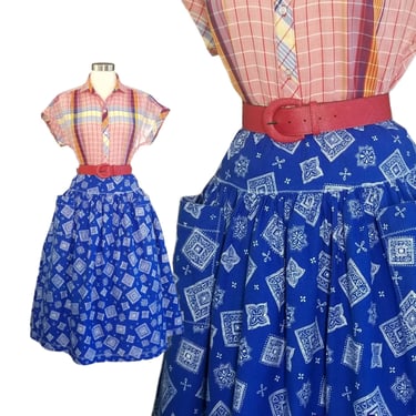 Vintage Bandana Print Skirt, Small / Flared Blue Country Skirt with Pockets / 1980s Americana Cotton Skirt / Drop Waist Square Dance Skirt 