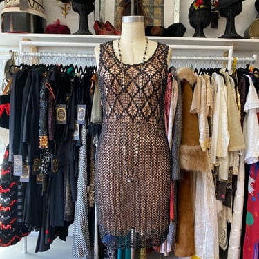 1990s metallic black crochet nude illusion dress, sheer sequin cocktail, rimini 