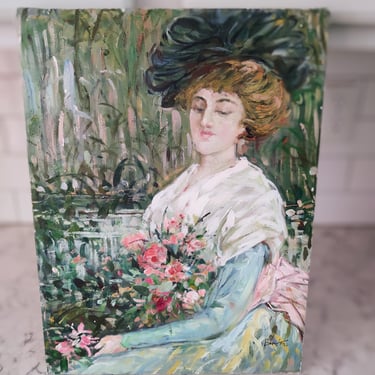 Vintage 16 x 12 High Quality Original Art Painting of Woman in Garden with Flowers by "Banton" Victorian 