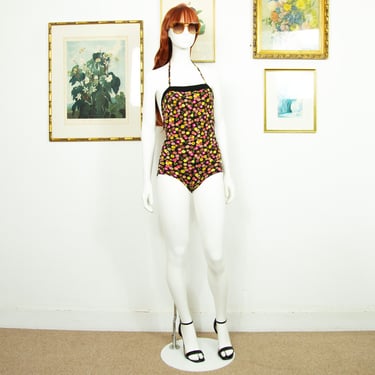 Vintage 1970s Floral Bathing Suit Open Back Hayley Collar Size S UK 8 Cup B 