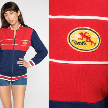 80s Track Jacket Blue Striped Devil Crest Red Zip Up Sweatshirt Warmup 1980s Warm Up Jacket Athletic Sports Vintage Small 