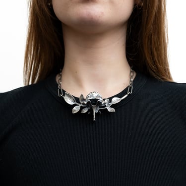 Sterling Silver Plated Copper Vertebrae and Leaves Choker Necklace