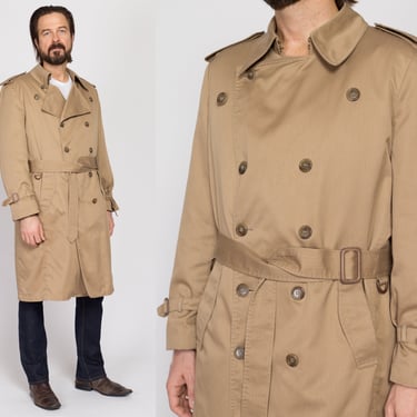 Large 80s London Fog Maincoats Khaki Belted Trench Coat 44 Regular | Vintage Double Breasted Long Button Up Duster Jacket 