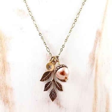 Rose Gold Pearl Necklace with Leaf, Acorn Pendant, Fall Finds, Choose Your Color, Initial Necklace, White Pearl 