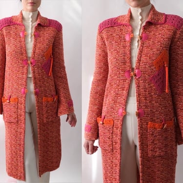 Vintage 90s COOGI Orange Fuchsia Knit Cardigan Duster Sweater w/ Wooden Toggle Buttons & Macrame Fringe | 1990s Designer Streetwear Sweater 