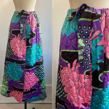 70s Vintage SATIN QUILTED Maxi Hostess Skirt / Colorful Abstract Pattern / Front Buttons + Tie 