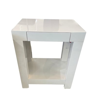 Side Table w/ 1 drawer x 2<br />White Laminate<br />West Elm<br />21″ x 16″ x 25″