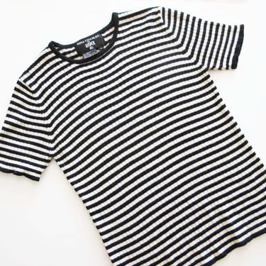 Vintage 90s Black White Striped Knit Shirt M - Ribbed Knit Wool Blend Short Sleeve Top 