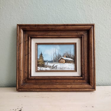 5x7 Wood Framed Oil Painting of Cabin in the Woods Winter Scene Home Décor Home Accent 