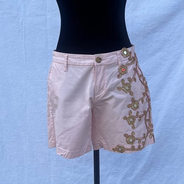 Pink Shorts, Floral Applique Print, Mirrored Shorts, Redesigned by Amanda Alarcon Hunter, Upcycled Shorts, Statement Shorts, Designer Shorts 