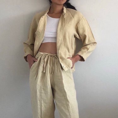 90s linen pant suit / vintage oatmeal natural 100% linen relaxed drawstring high waisted pants matching cropped blazer set | Medium Large 