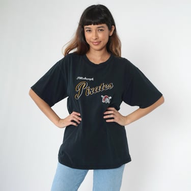 Vintage Pittsburgh Pirates Shirt L 90s Baseball Tshirt Embroidered Retro MLB T Shirt Vintage 1990s Black Lee Sport Large Unisex 