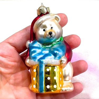 VINTAGE: Glass Christmas Bear with Gift Ornament - Present Ornament - Mercury Ornament - Holiday - Xmas 