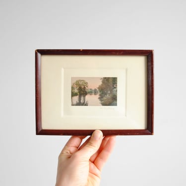 Vintage Hand Colored and Framed Photograph of a River and Trees 