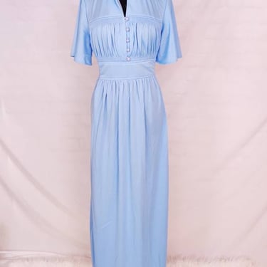 Vintage Blue 70s Maxi Dress // Deadstock Gathered Dress with Tie Belt 