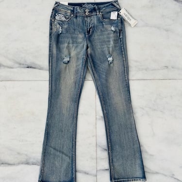 Y2K Revolt Jeans Bootcut Mid Rise Rhinestone Fleur De Lis Denim Light Wash Womens 10 NWT 