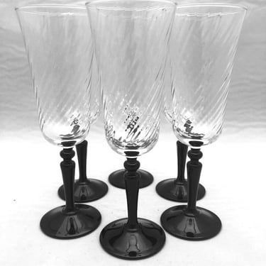 Set of 8 Vintage Champagne Flutes | Swirled Crystal with Black Stems | French Stemware for Weddings, Holidays & Christmas Gifts 