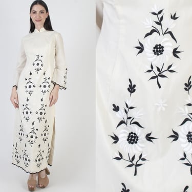 Vintage Floral Embroidered Dress, Ethnic Bell Sleeves, Mandarin Style Maxi, Ethnic Lounge Style 