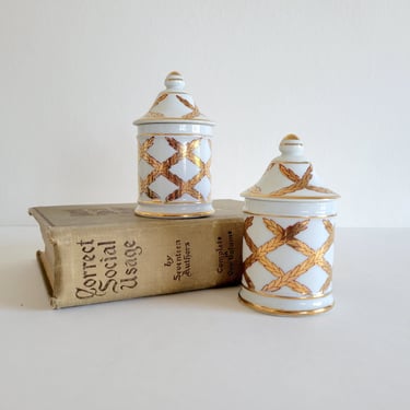 Vintage Porcelain Apothecary Jars in White and Gold, 2 Available 