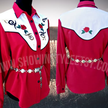 Vintage Western Retro Women's Cowgirl Shirt by Lucille, Embroidered Roses with Rhinestones, Tag Size Small (see meas. photo) 