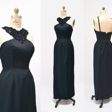 90s Vintage Black Sequin and Beaded Dress Evening Gown Size Small// Black Beaded Dress 90s Pageant Gown XS Mike Benet 