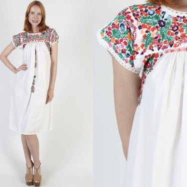 Traditional White Oaxacan Maxi Dress, Cotton Embroidered Mexican Caftan, San Antonio Puebla Sundress 