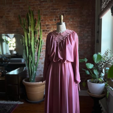 Size XS/S, 1970s Dusty Rose Poly Maxi Dress w/Batwing Cutout Sleeves 