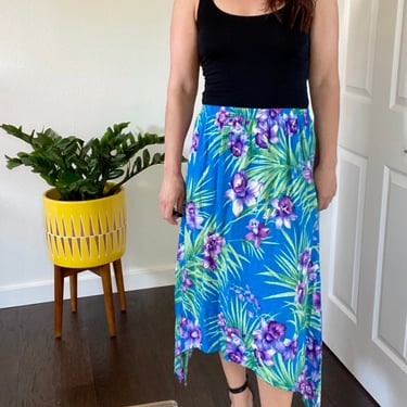 1980s Vintage Karin Stevens Tropical Floral Rayon Handkerchief Hem Skirt 
