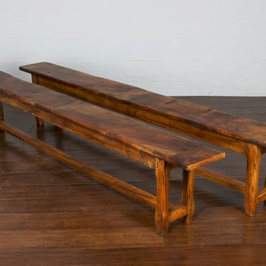 19th Century Country French Farmhouse Walnut Trestle Benches - A pair 