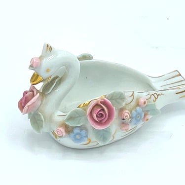 Lefton or Chikusa China Swan Figurine Personal Porcelain Ashtray with Pink Roses Chip Free 