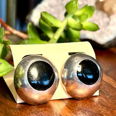 Sterling Silver Stud Earring Black Stone Inlay Mexico 925 Vintage Retro Jewelry Gift 