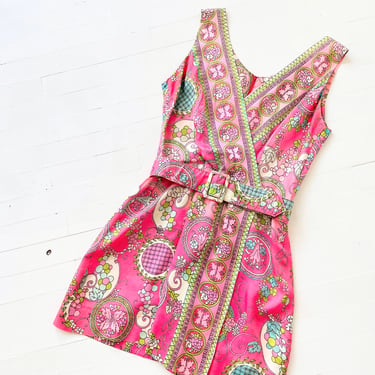 1960s Belted Pink Print Minidress 