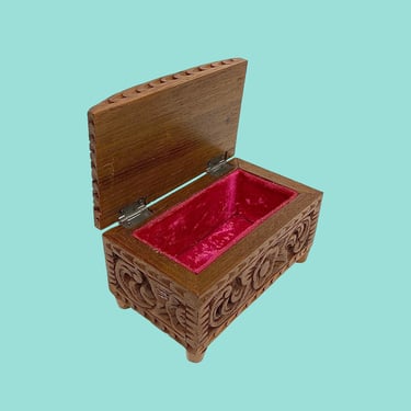 Vintage Jewelry Box Retro 1970s Mid Century Modern + Carved + Brown Wood + Hinge Top + Hot Pink Fabric Lining + Woman + Girl + Jewel Storage 