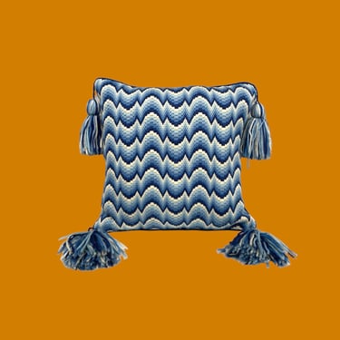 Vintage Throw Pillow Retro 1970s Chevron + Mid Century Modern + Blue and Off White + Tassels + Size 15X15 + Wool and Velour + Home Decor 