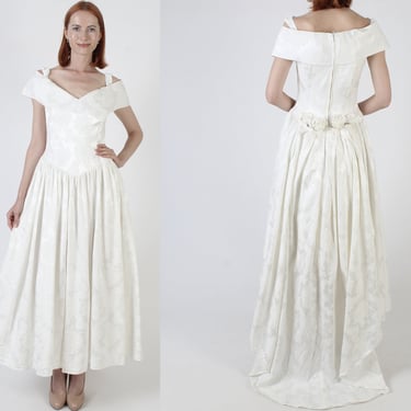 80s Jessica McClintock Prom Dress, Gunne Sax Large Bow and Train, Heavyweight Bridal Wedding Gown, Size 9 10 