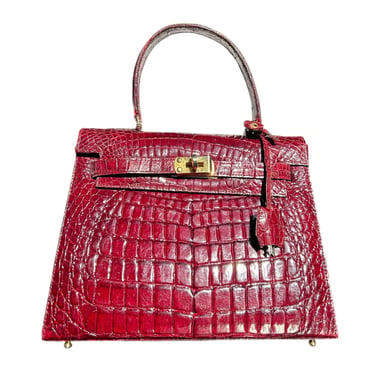 Deep Ox Blood Red Classic A-Frame Crocodile Handbag with Locket