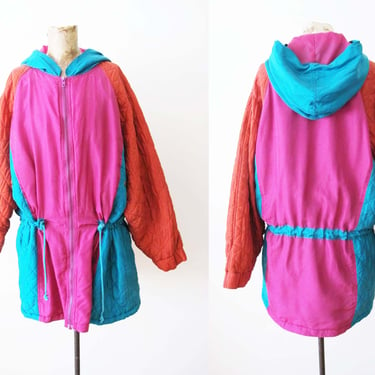 Vintage 90s Silk Colorblock Hooded Jacket M  - 1990s Quilted Baggy Oversized Multi Color Pink Red Teal Zip Up Windbreaker 