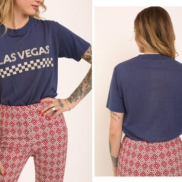 Vintage 1970s 70s Faded Navy Single Stitch Graphic Vinyl Print Las Vegas Crew Neckline T-Shirt 