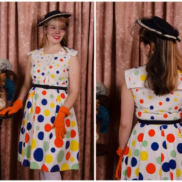 1950s Dress - Vibrant Vintage 50s Rainbow Dots Border Print Cotton Summer Day Dress 