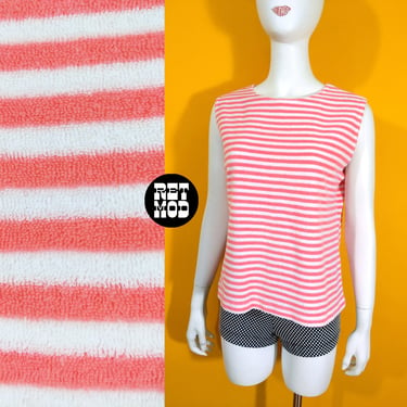 Cool Vintage 80s 90s Coral Pink & White Stripe Terrycloth Sleeveless Top 