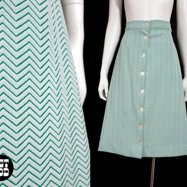 Super Cute Vintage 70s Green Chevron Textured Knit Polyester A-Line Midi Skirt 